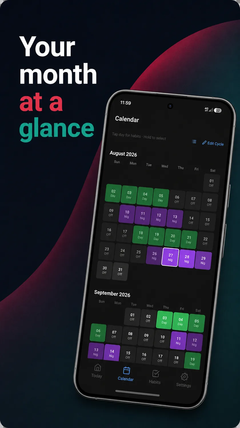 Shifty Habits calendar screen showing a rotating day, night and off roster across two months